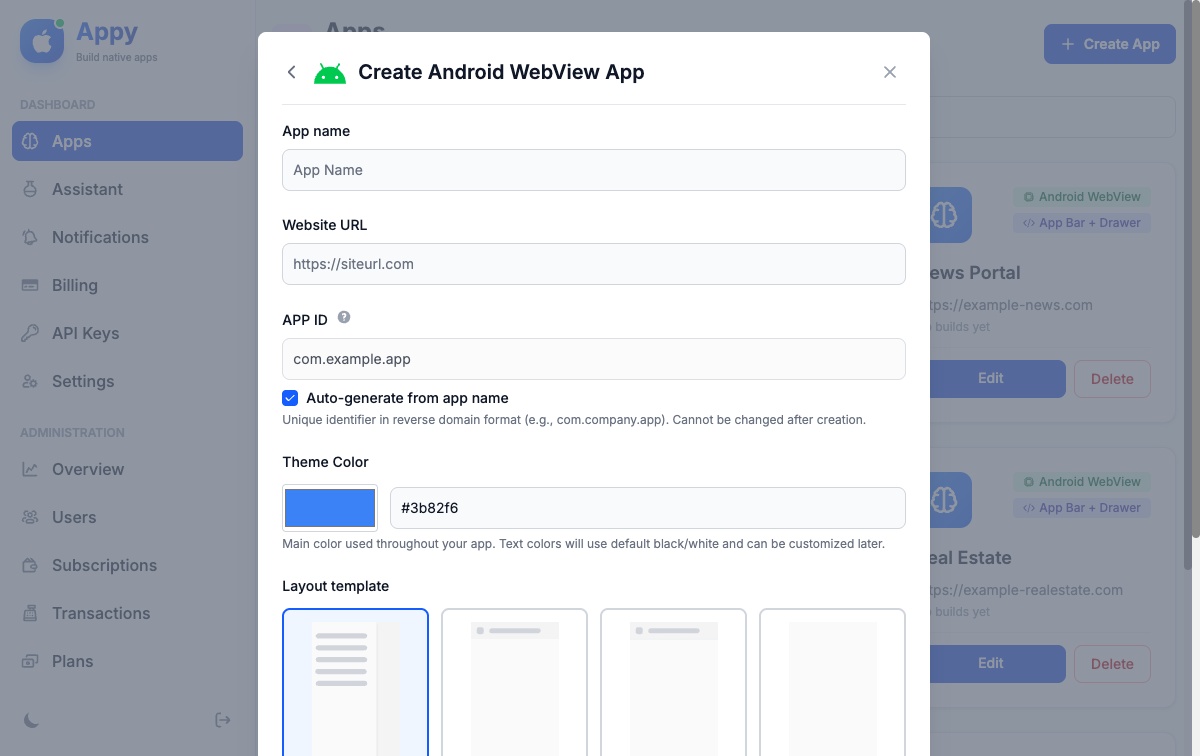 App creation modal